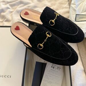 Gucci Women's Black Velvet Mules with Gold Accents